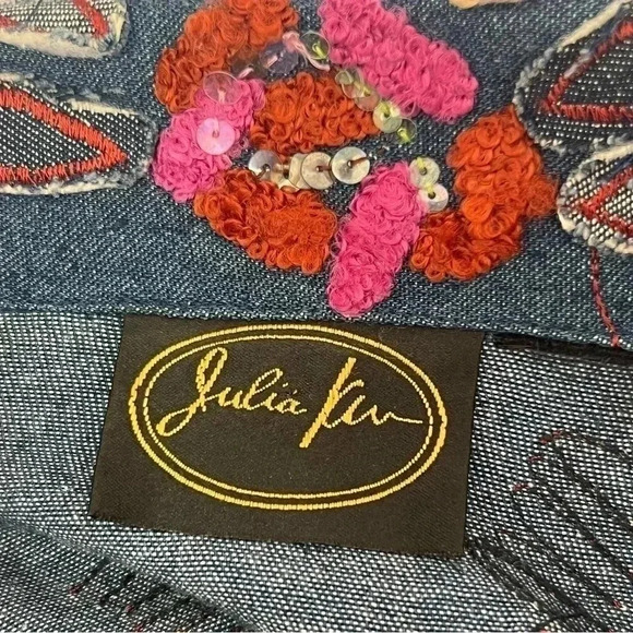 Julia Kim VTG Colorful Chambray Denim Embroidered Sequin Art Deco Jacket Sz XL - Picture 11 of 13